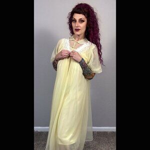 60s Lorraine Radcliffe Yellow 2pc set Slip Dress Robe Gown Babydoll Sheer Lace M